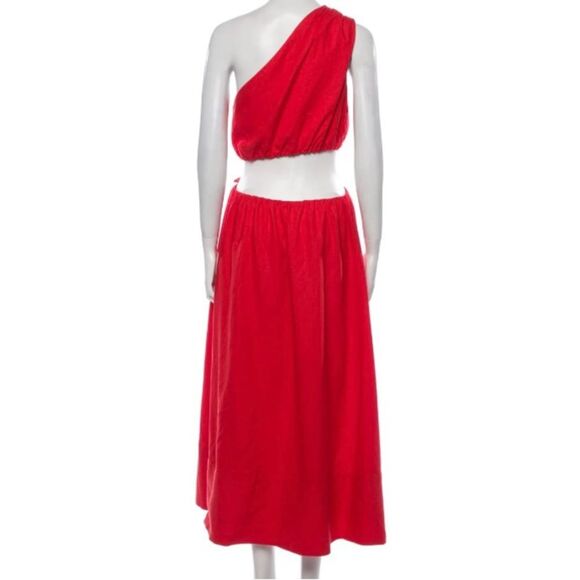 NEW FARM Rio Red Midi Knot Dress Linen Cutout Elastic Waist Asymmetrical Size XL - Picture 11 of 13